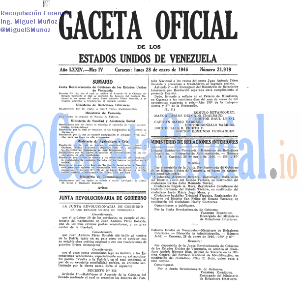 Gaceta Oficial 21919 del 28 Enero 1946