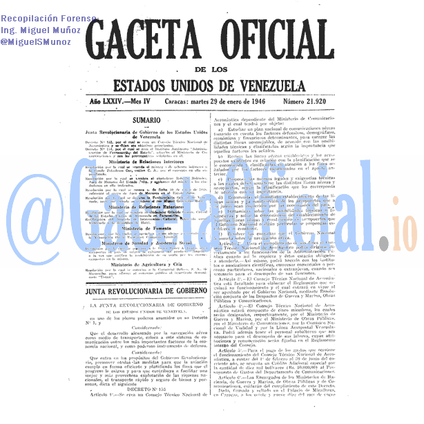 Gaceta Oficial 21920 del 29 Enero 1946