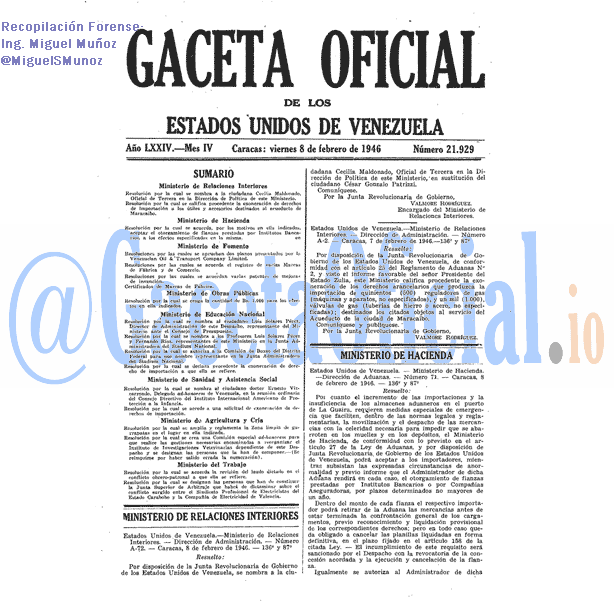 Gaceta Oficial 21929 del 8 Febrero 1946