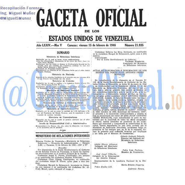 Gaceta Oficial 21935 del 15 Febrero 1946