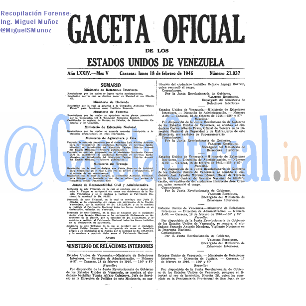 Gaceta Oficial 21937 del 18 Febrero 1946
