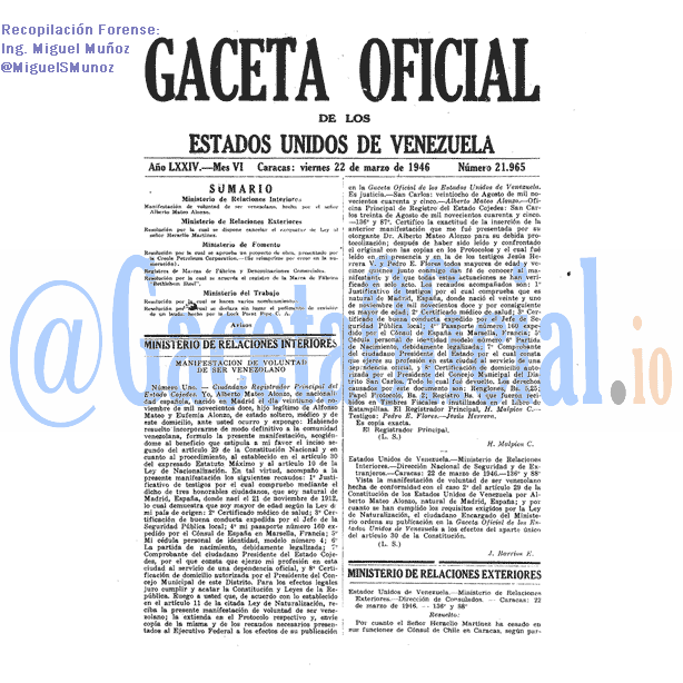 Gaceta Oficial 21965 del 22 Marzo 1946