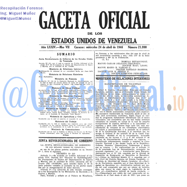 Gaceta Oficial 21990 del 24 Abril 1946