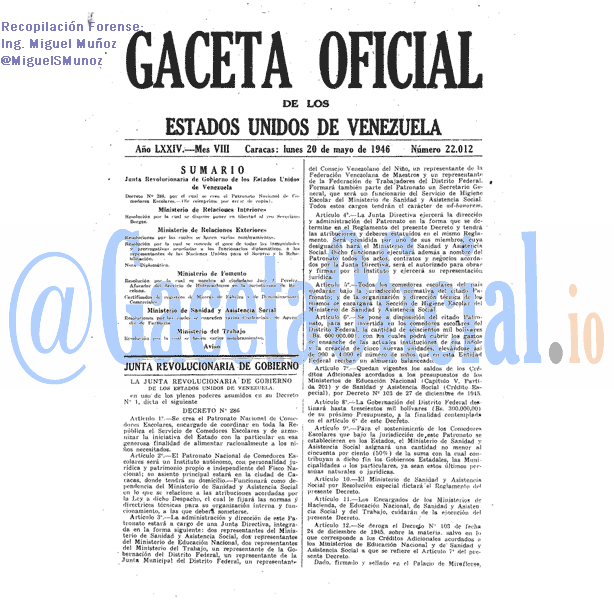 Gaceta Oficial 22012 del 20 Mayo 1946