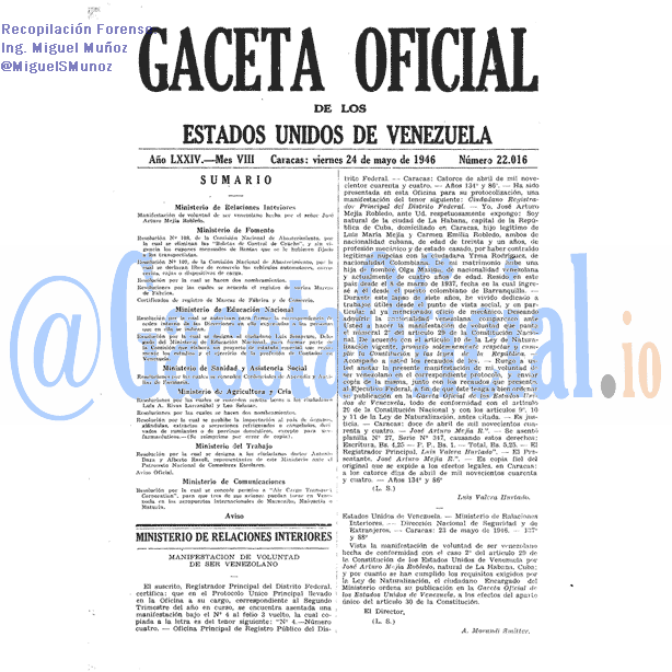 Gaceta Oficial 22016 del 24 Mayo 1946