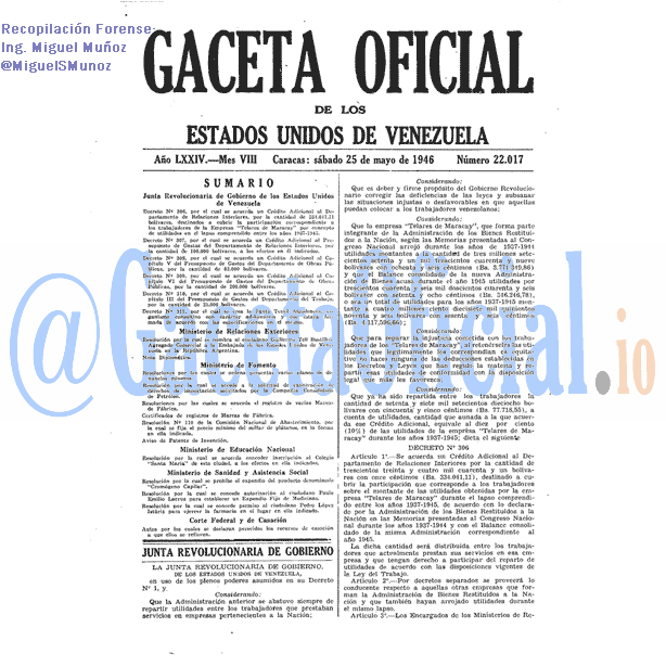 Gaceta Oficial 22017 del 25 Mayo 1946