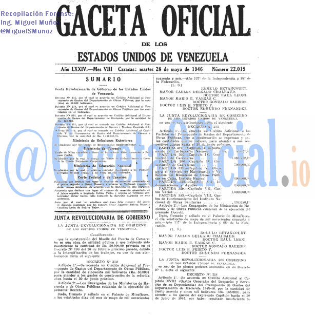Gaceta Oficial 22019 del 28 Mayo 1946