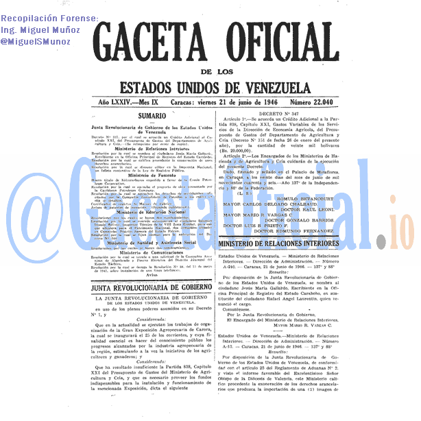 Gaceta Oficial 22040 del 21 Junio 1946