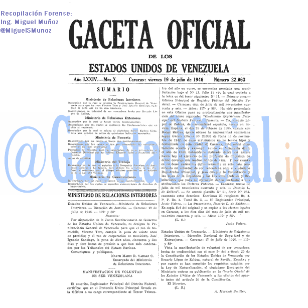 Gaceta Oficial 22063 del 19 Julio 1946