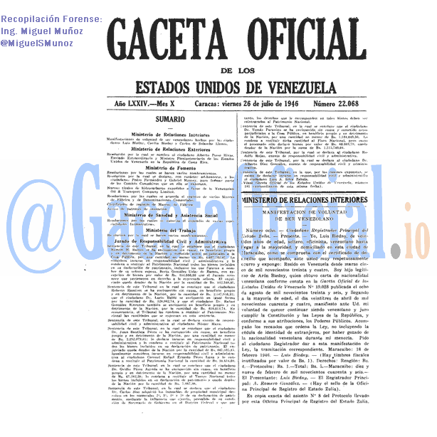 Gaceta Oficial 22068 del 26 Julio 1946