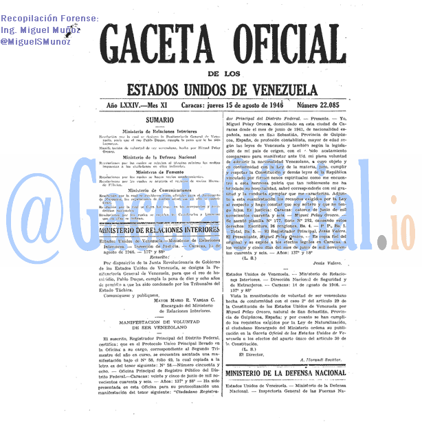 Gaceta Oficial 22085 del 15 Agosto 1946
