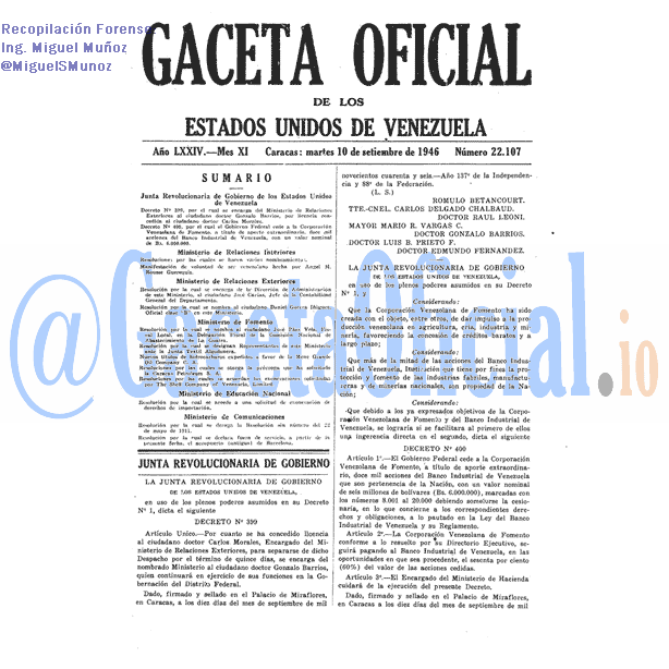 Gaceta Oficial 22107 del 10 Septiembre 1946