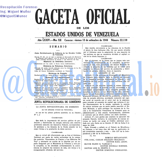 Gaceta Oficial 22110 del 13 Septiembre 1946