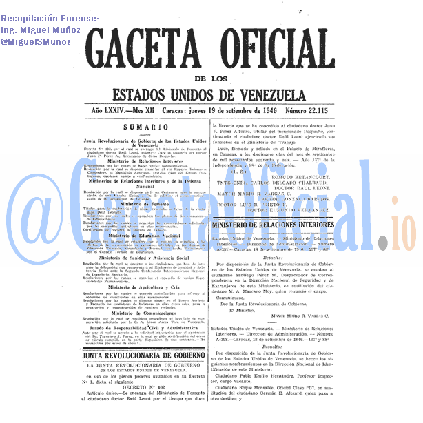 Gaceta Oficial 22115 del 19 Septiembre 1946