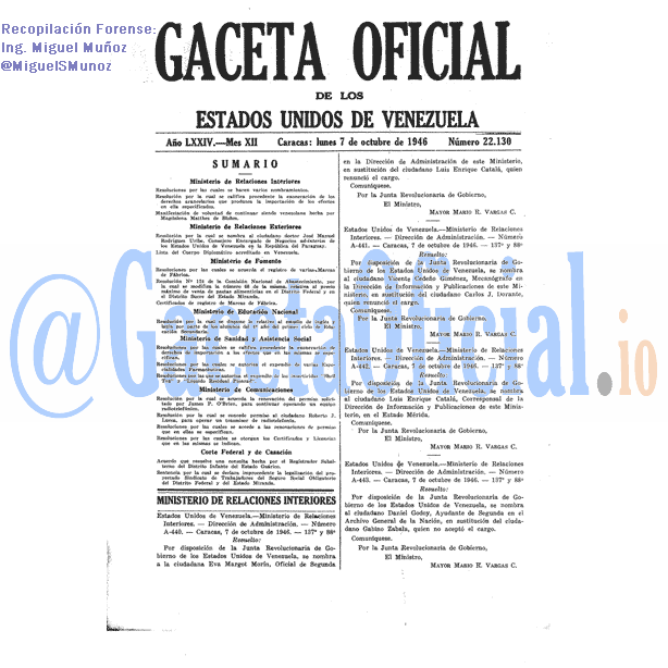 Gaceta Oficial 22130 del 7 Octubre 1946