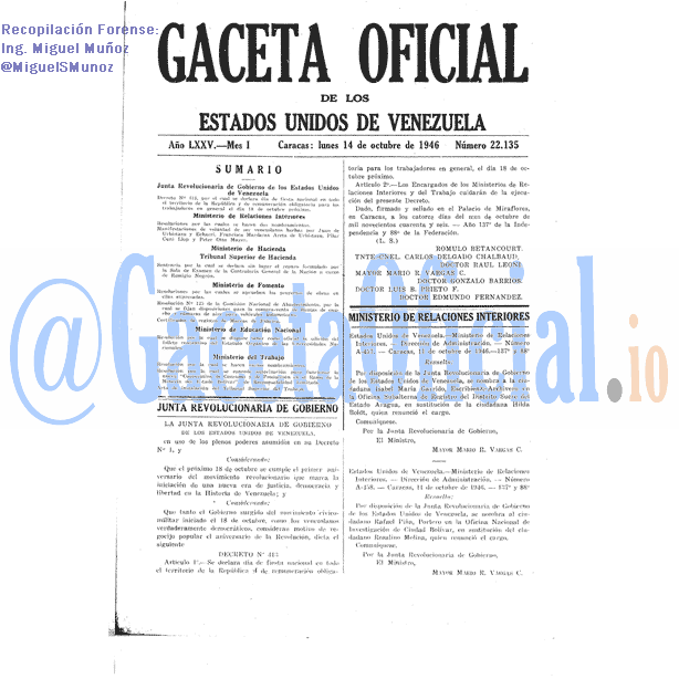 Gaceta Oficial 22135 del 14 Octubre 1946