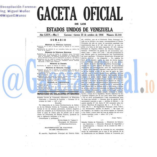 Gaceta Oficial 22144 del 25 Octubre 1946