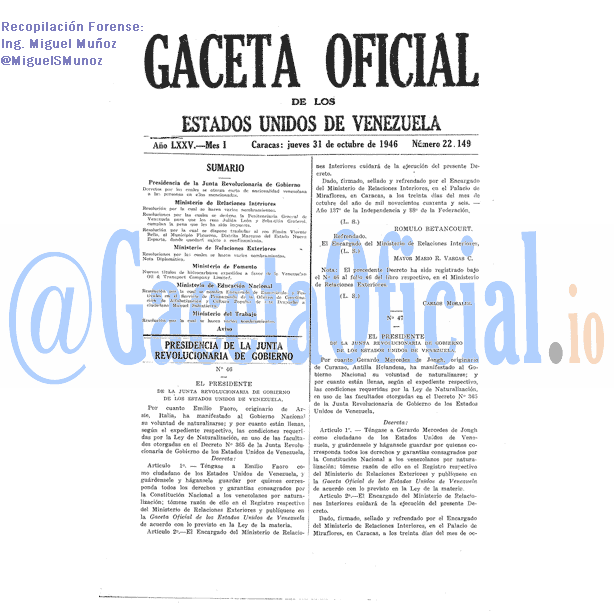 Gaceta Oficial 22149 del 31 Octubre 1946