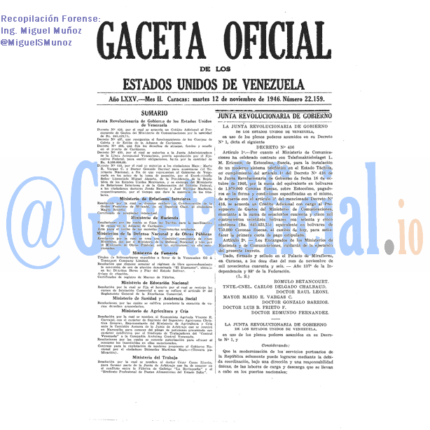 Gaceta Oficial 22159 del 12 Noviembre 1946