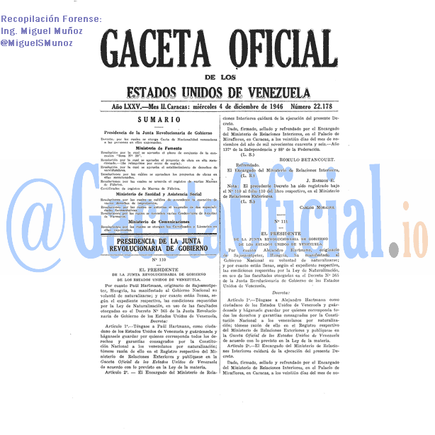 Gaceta Oficial 22178 del 4 Diciembre 1946