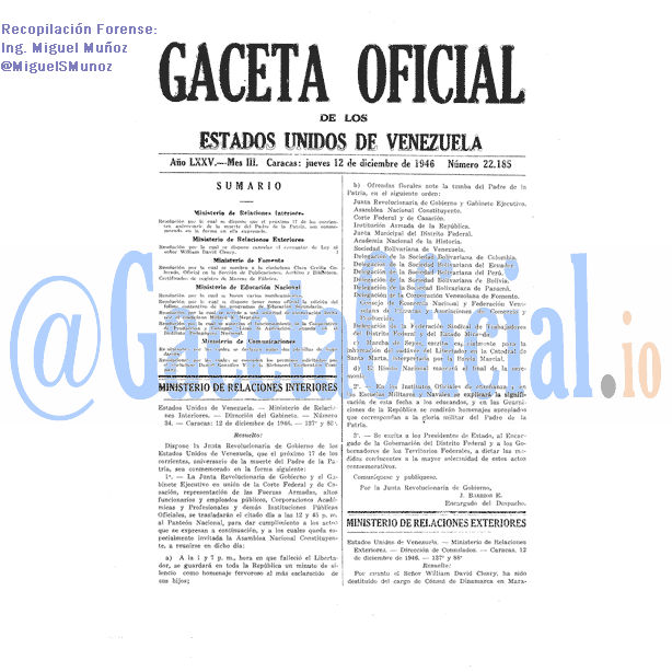 Gaceta Oficial 22185 del 12 Diciembre 1946