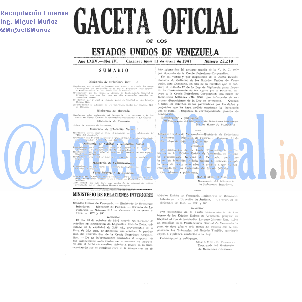 Gaceta Oficial 22210 del 13 Enero 1947