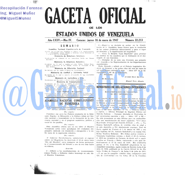 Gaceta Oficial 22213 del 16 Enero 1947