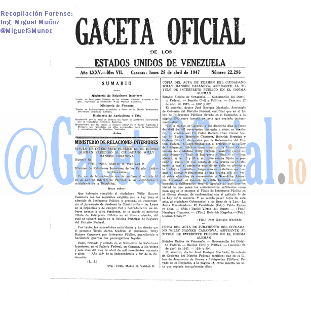 Gaceta Oficial 22296 del 28 Abril 1947