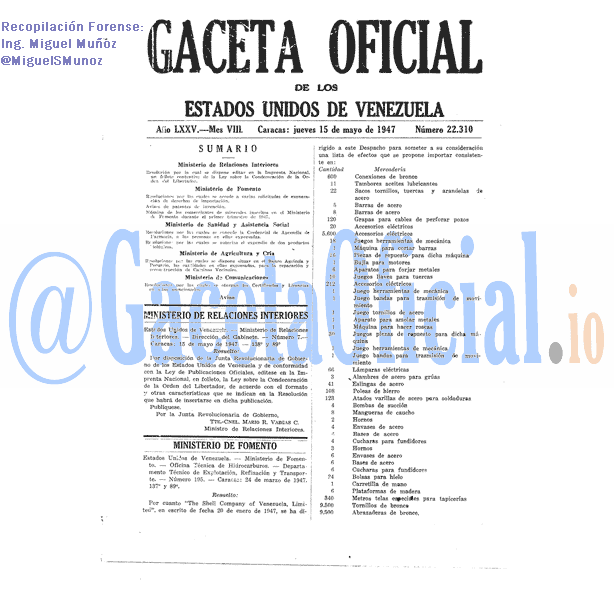 Gaceta Oficial 22310 del 15 Mayo 1947