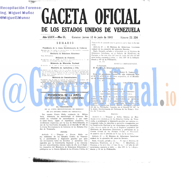 Gaceta Oficial 22334 del 12 Junio 1947