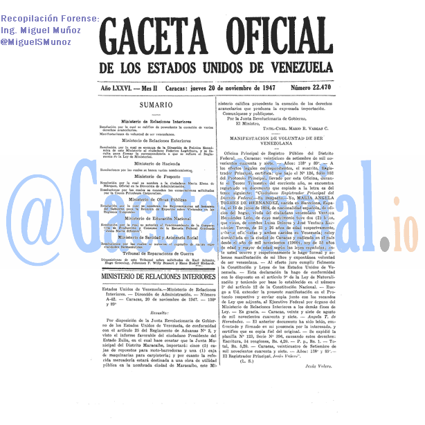 Gaceta Oficial 22470 del 20 Noviembre 1947