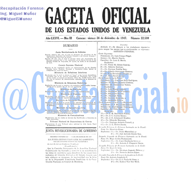 Gaceta Oficial 22500 del 26 Diciembre 1947