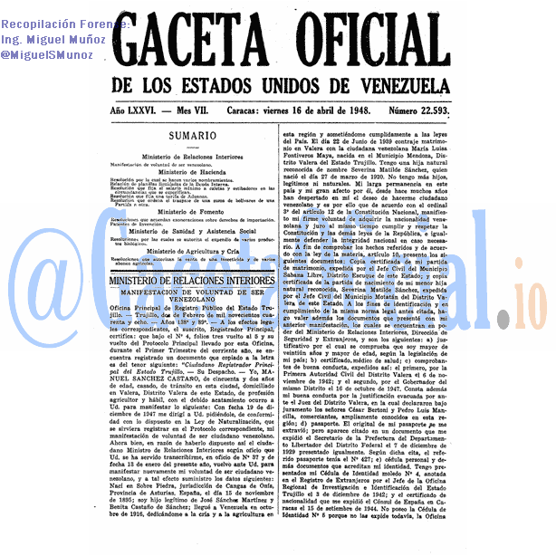 Gaceta Oficial 22593 del 16 Abril 1948