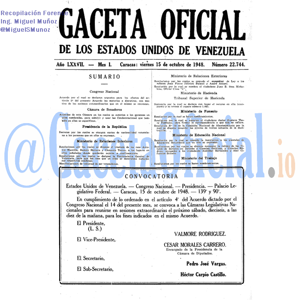 Gaceta Oficial 22744 del 15 Octubre 1948