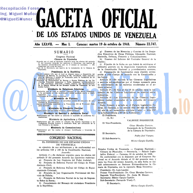 Gaceta Oficial 22747 del 19 Octubre 1948