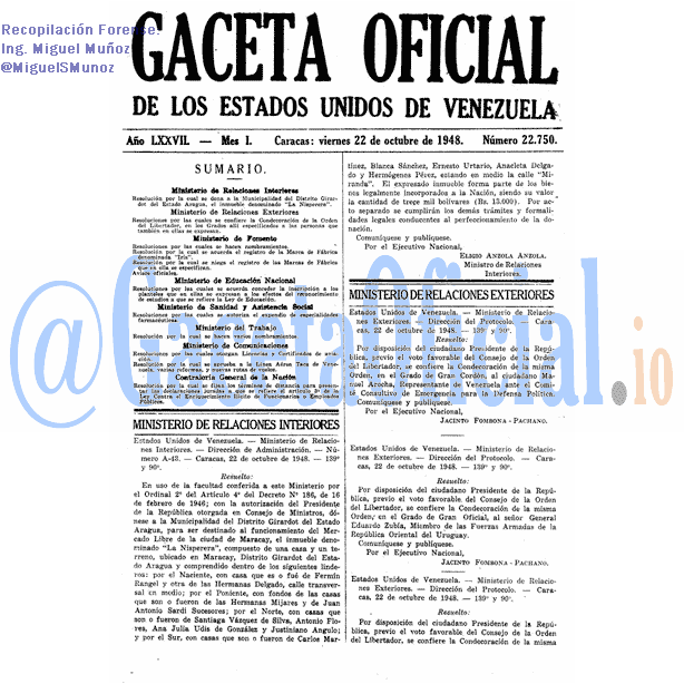 Gaceta Oficial 22750 del 22 Octubre 1948