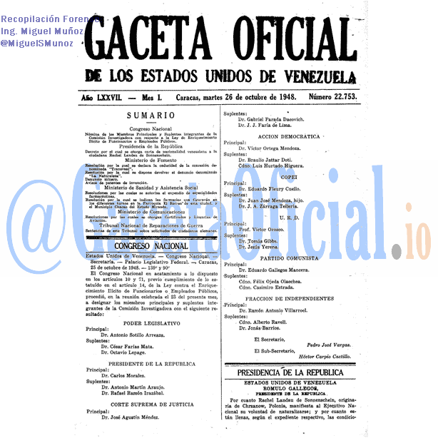 Gaceta Oficial 22753 del 26 Octubre 1948