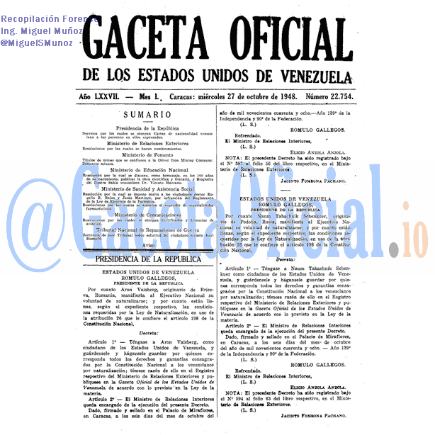 Gaceta Oficial 22754 del 27 Octubre 1948