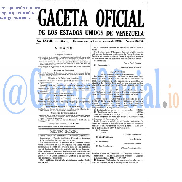 Gaceta Oficial 22765 del 9 Noviembre 1948