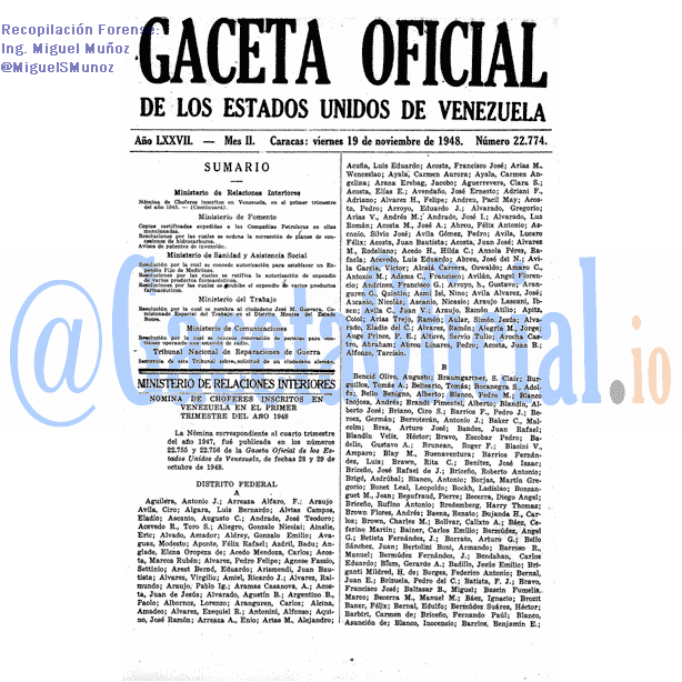 Gaceta Oficial 22774 del 19 Noviembre 1948