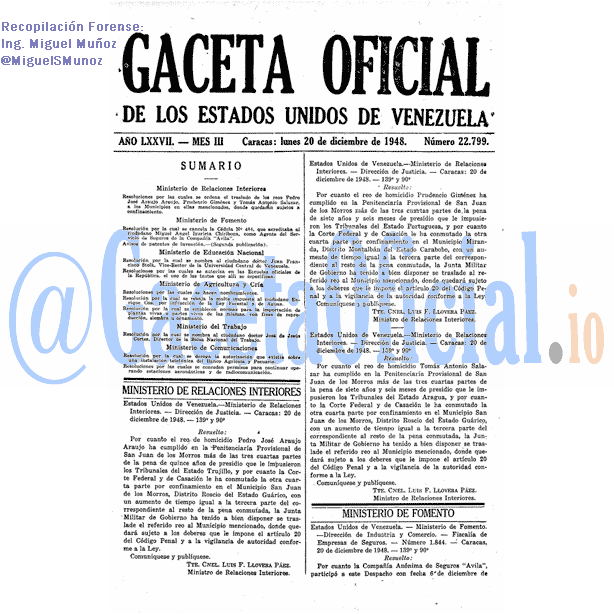 Gaceta Oficial 22799 del 20 Diciembre 1948