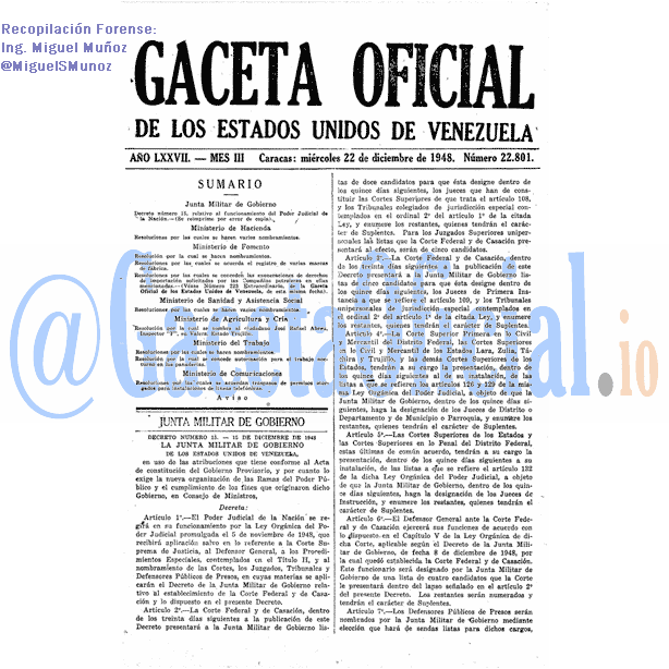 Gaceta Oficial 22801 del 22 Diciembre 1948