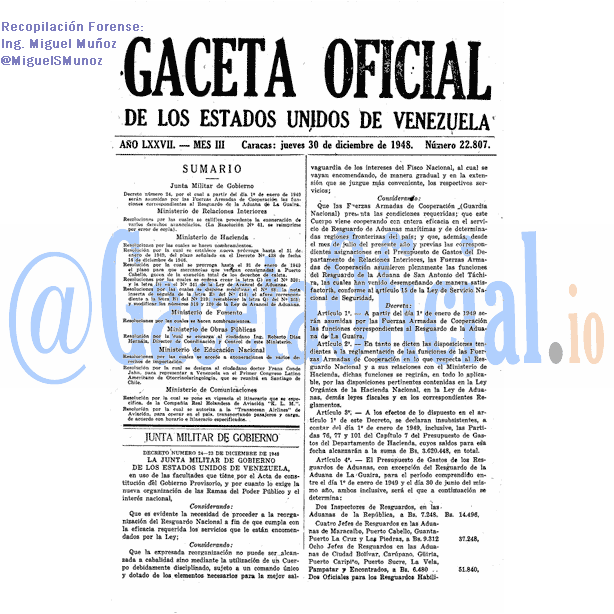 Gaceta Oficial 22807 del 30 Diciembre 1948