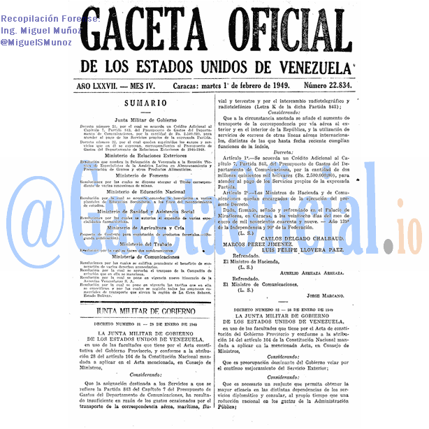 Gaceta Oficial 22834 del 1 Febrero 1949