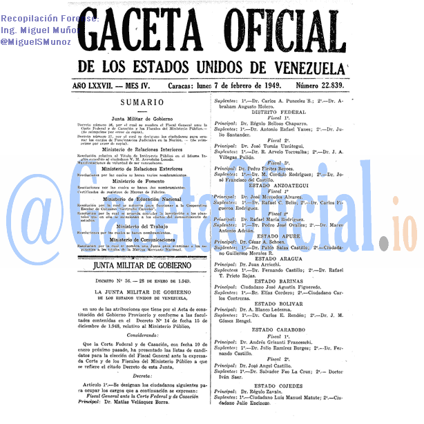 Gaceta Oficial 22839 del 7 Febrero 1949
