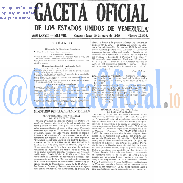 Gaceta Oficial 22919 del 16 Mayo 1949