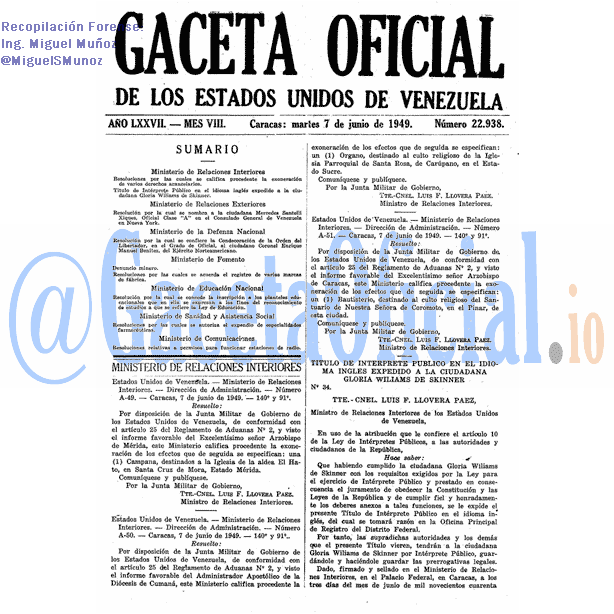 Gaceta Oficial 22938 del 7 Junio 1949