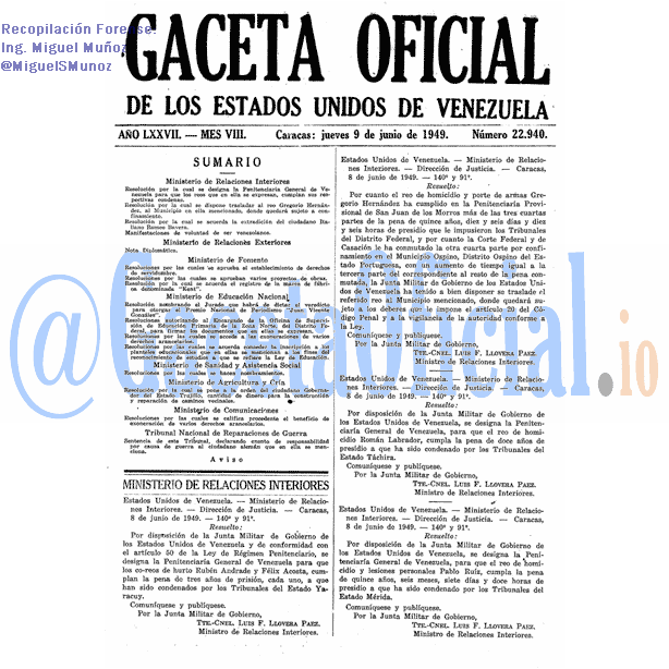 Gaceta Oficial 22940 del 9 Junio 1949