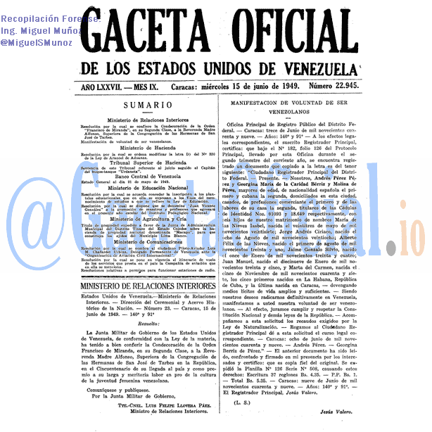 Gaceta Oficial 22945 del 15 Junio 1949
