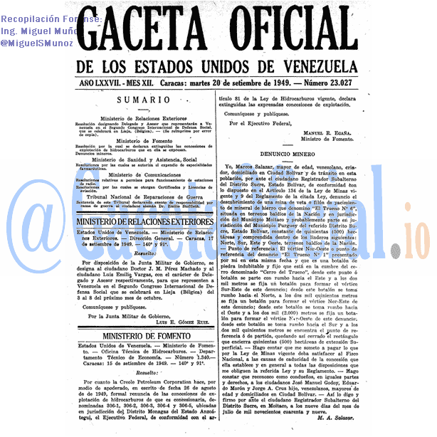 Gaceta Oficial 23027 del 20 Septiembre 1949